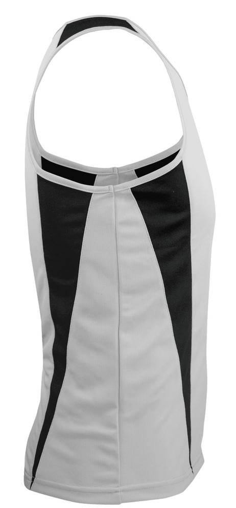 A men's singlet in white with black panel designs, featuring a logo on the side.