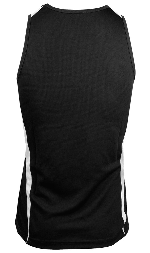 A black singlet featuring white side panels and a logo on the back. Suitable for men's athletic wear.