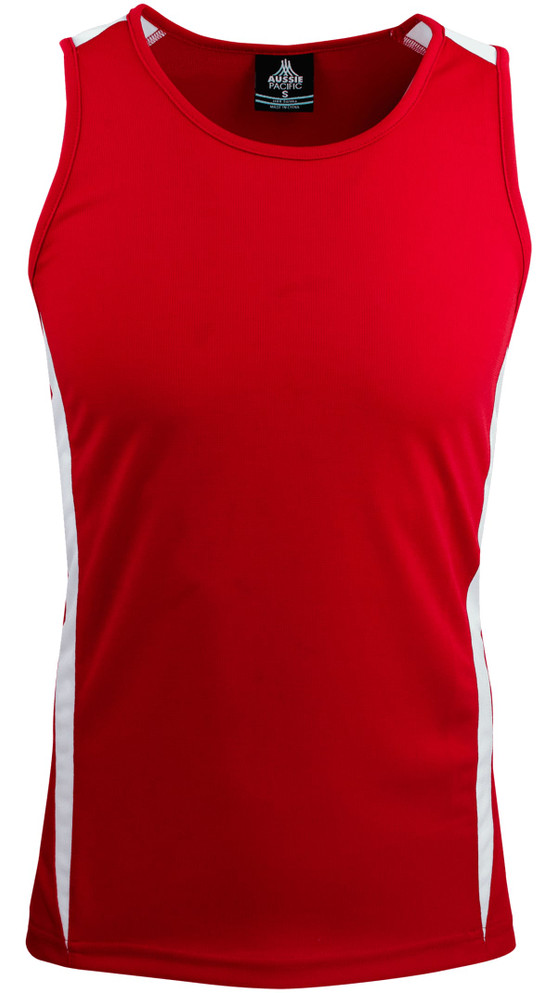 A red men's singlet featuring white side panels and a branding logo at the neckline.