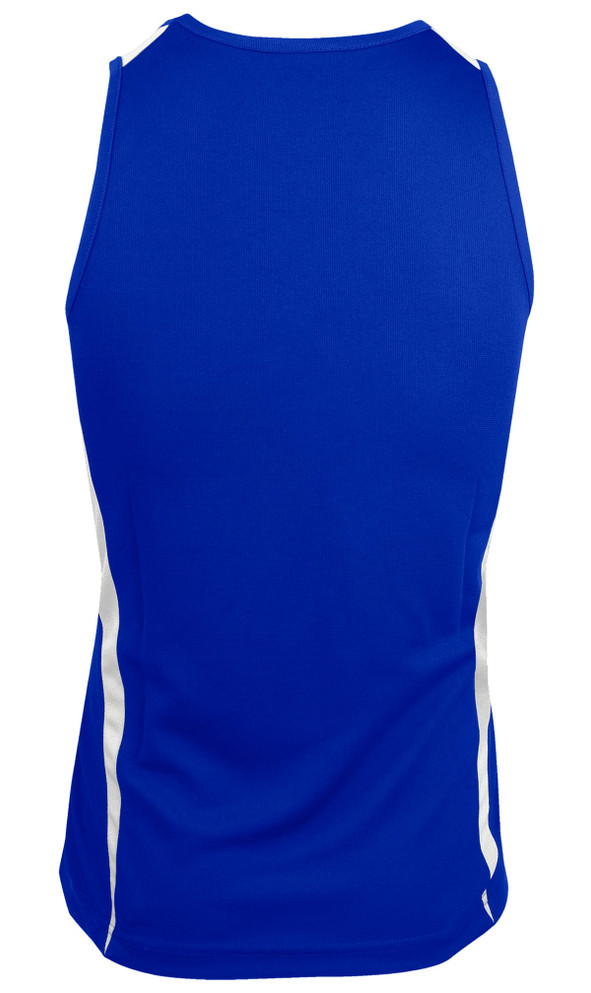 A blue singlet with white side stripes and a logo on the back.