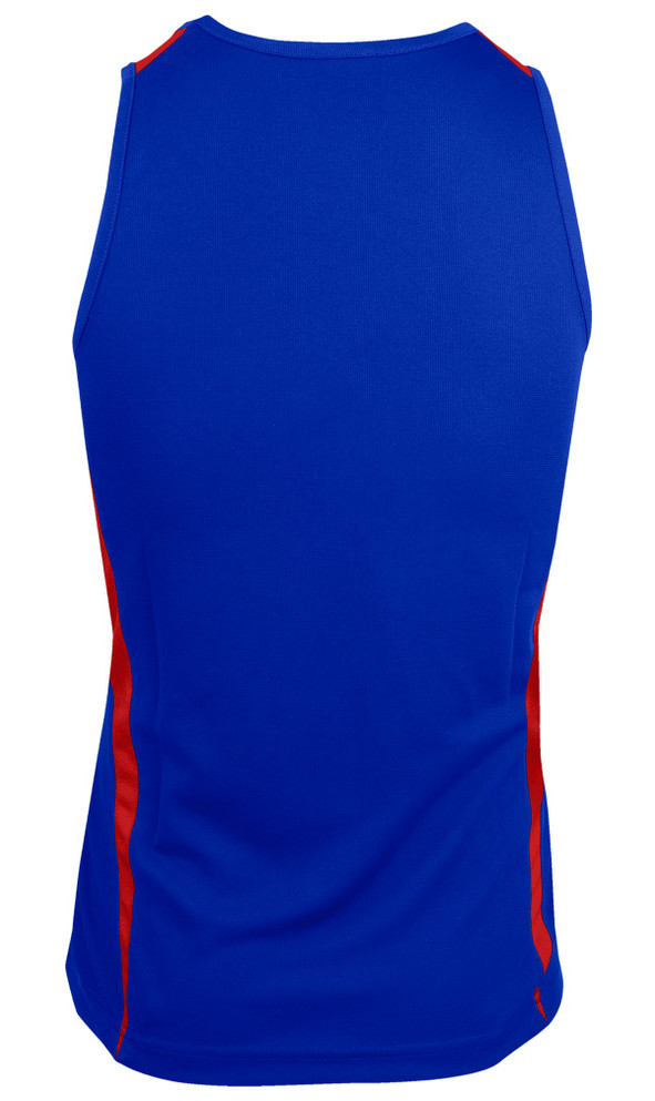 A blue men's singlet with red side accents, featuring a logo on the back.