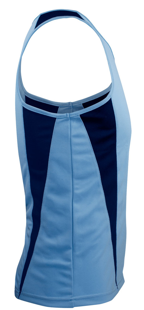 A light blue singlet with navy panel accents, featuring a logo, designed for men.