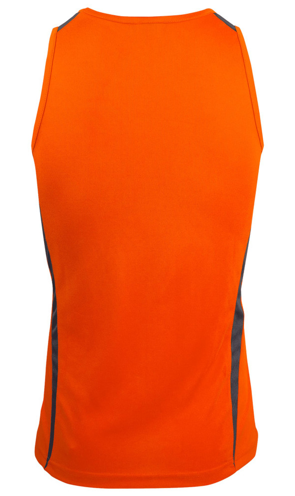 An orange singlet featuring grey side panels and a logo on the back.