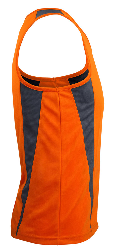 An orange singlet with grey vertical panels, featuring a logo on the side.