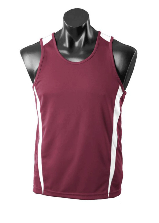 A maroon singlet with white side accents and a logo, displayed on a black mannequin.