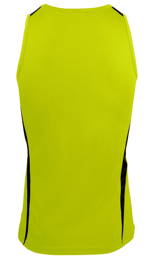 A bright yellow singlet with black side panels, featuring a logo on the back.