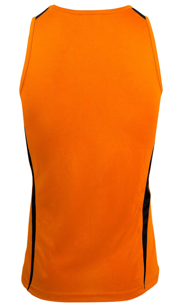 An orange men's singlet featuring black side panels and a branding logo on the back.