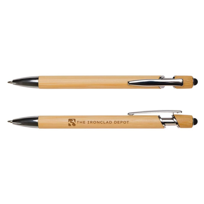 A bamboo pen featuring a silver clip and tip, with a branding logo on the barrel.