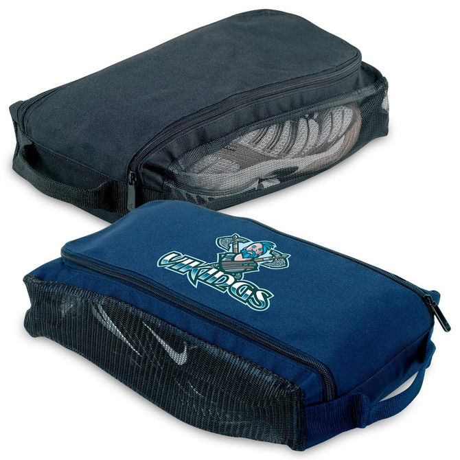 A platform shoe carrier in black and navy, featuring mesh panels and branding. Ideal for transporting shoes.