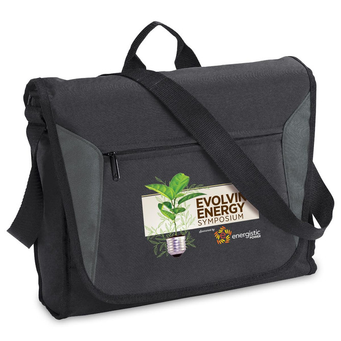 A black satchel bag with grey accents, featuring a front pocket and a logo.