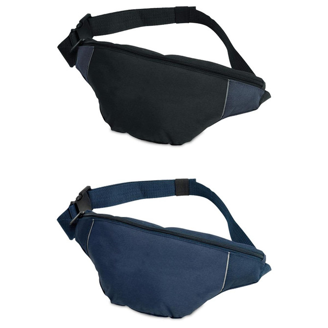 A black and blue platform waist bag featuring a zippered compartment and adjustable strap, with a logo on the front.