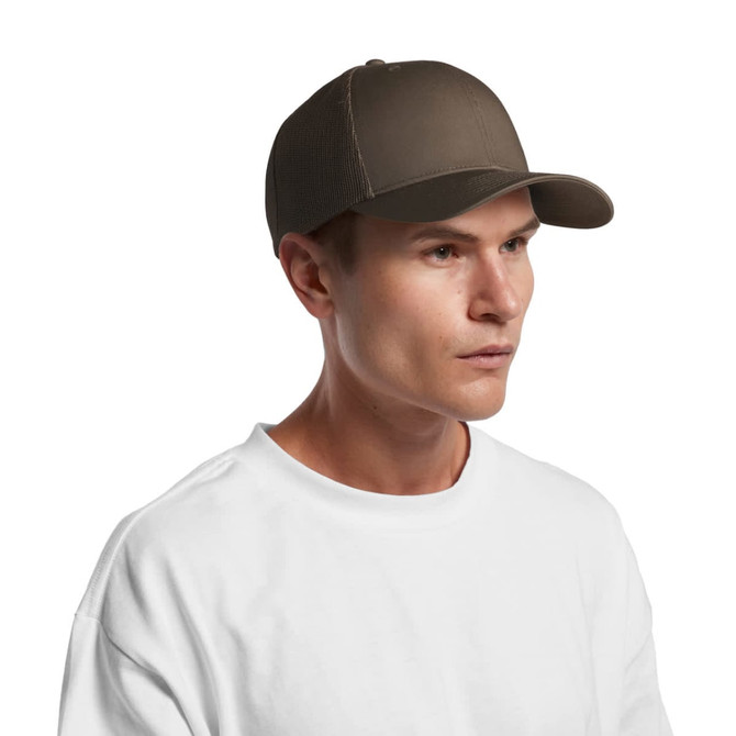 A brown mesh trucker cap with a solid front panel and a curved brim, worn by a person in a white t-shirt.