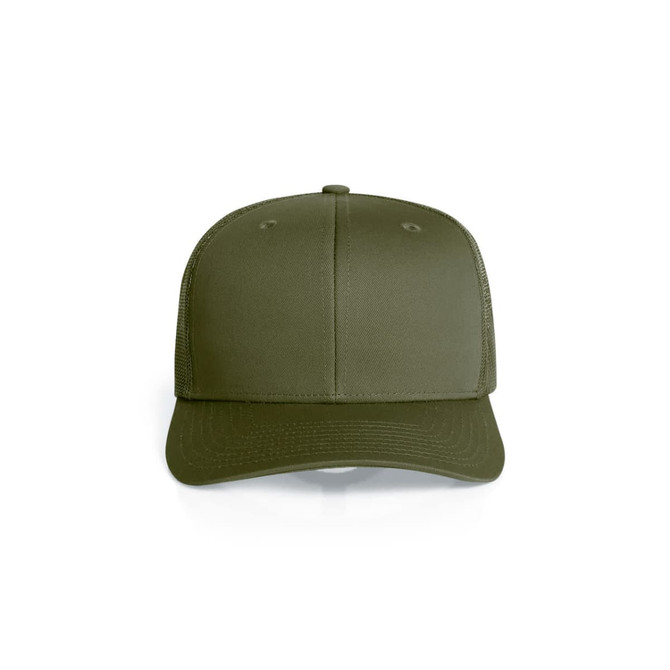 A green mesh trucker cap with a solid front panel and mesh sides, featuring a brand logo.