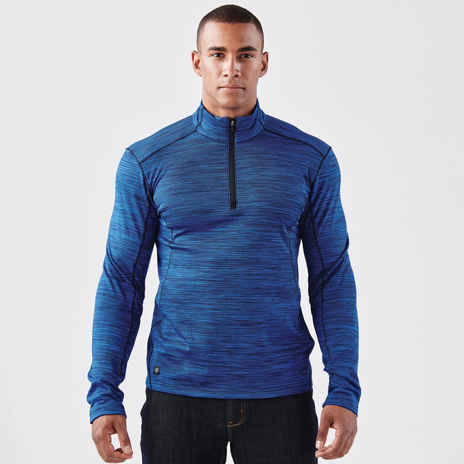 A men's quarter-zip thermal jumper in blue, featuring a textured stripe design and a small logo on the side.