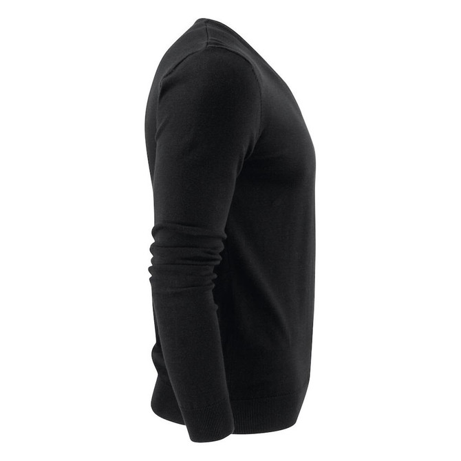 A black men's v-neck sweater, featuring a fitted design and long sleeves. The product has a branding logo.