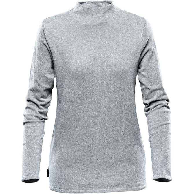 A grey women's jumper with a high neck and long sleeves, featuring a logo on the hem.