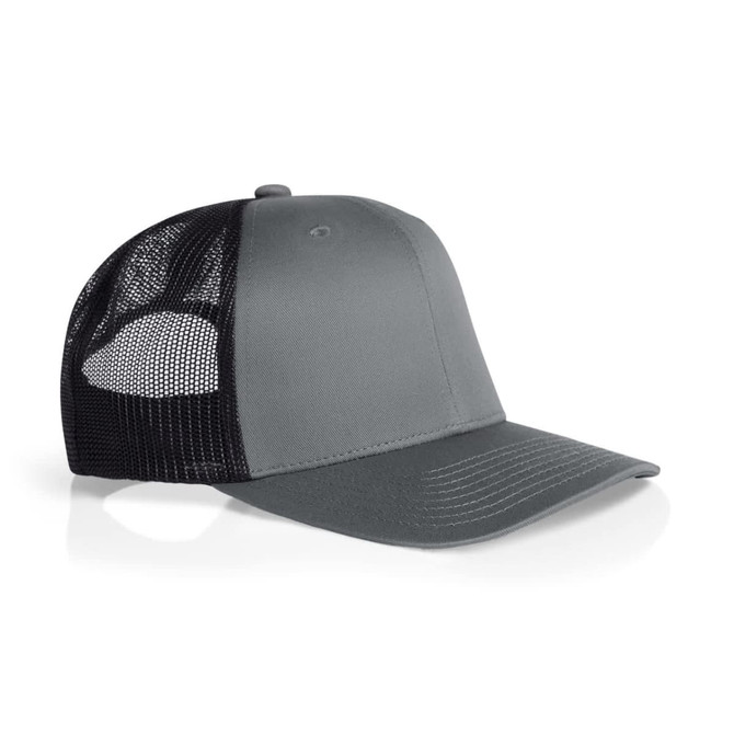 A grey trucker cap featuring a mesh back and a solid front panel, with a logo on the front.