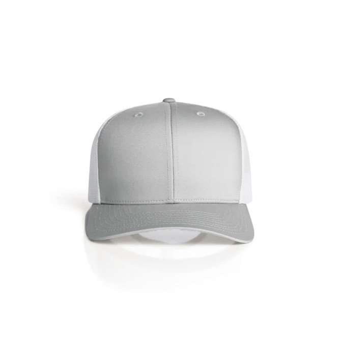 A grey trucker cap with a solid front panel and white mesh sides. It features a logo on the front.