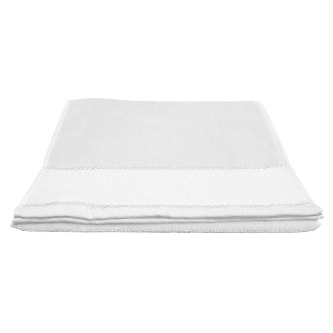 A white workout towel featuring a stitched edge and a small logo. Ideal for gym or outdoor activities.