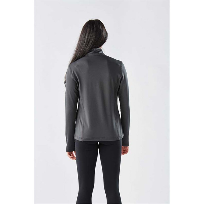 A long-sleeve, grey women's jumper featuring a 1/4 zip and a sleek design, with an unobtrusive logo.