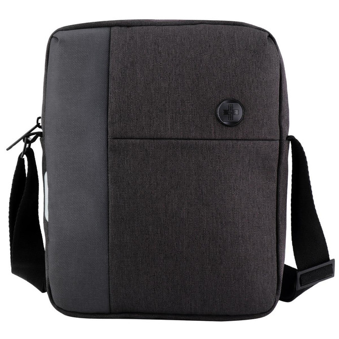 A dark grey shoulder bag with a textured panel and a logo on the front, featuring an adjustable strap.