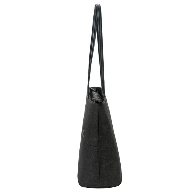 A side view of a grey Swissdigital Arosa Tote Bag, featuring a minimalist design and a single shoulder strap.