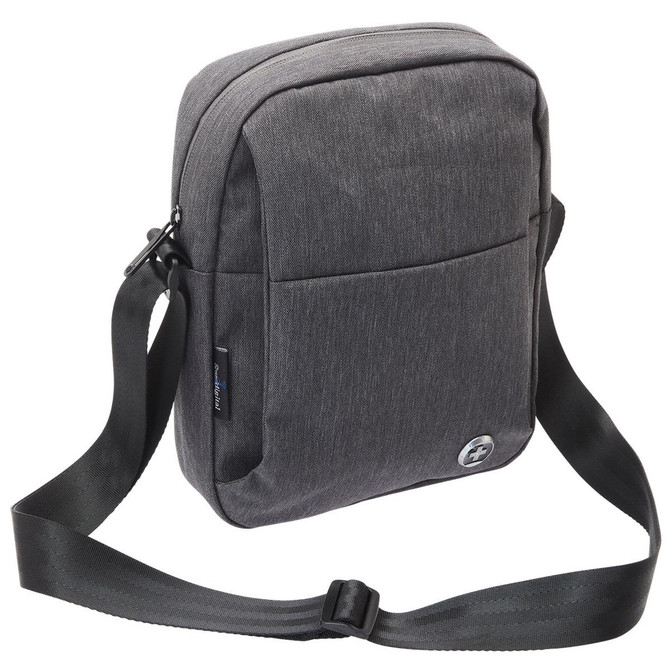 A grey shoulder bag with a sleek design, featuring an adjustable strap and a front pocket. It has a logo on the side.