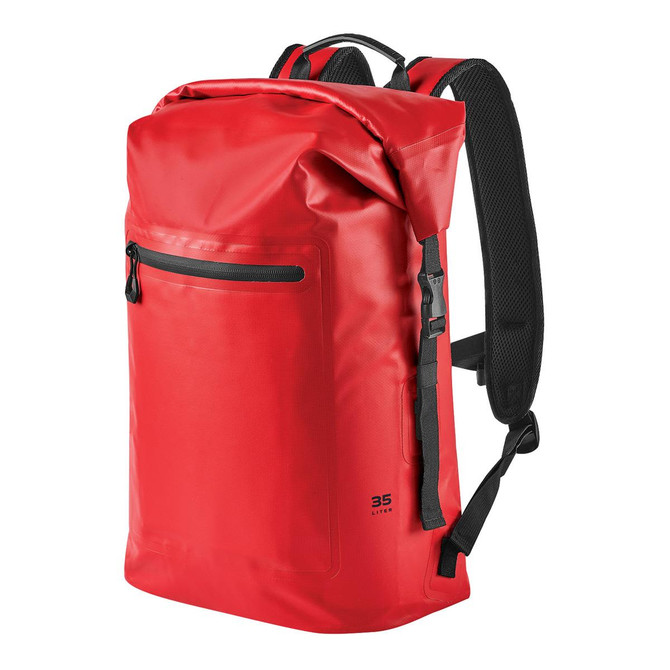A red backpack with a sleek design, featuring adjustable straps and a front zip pocket. It includes a logo.