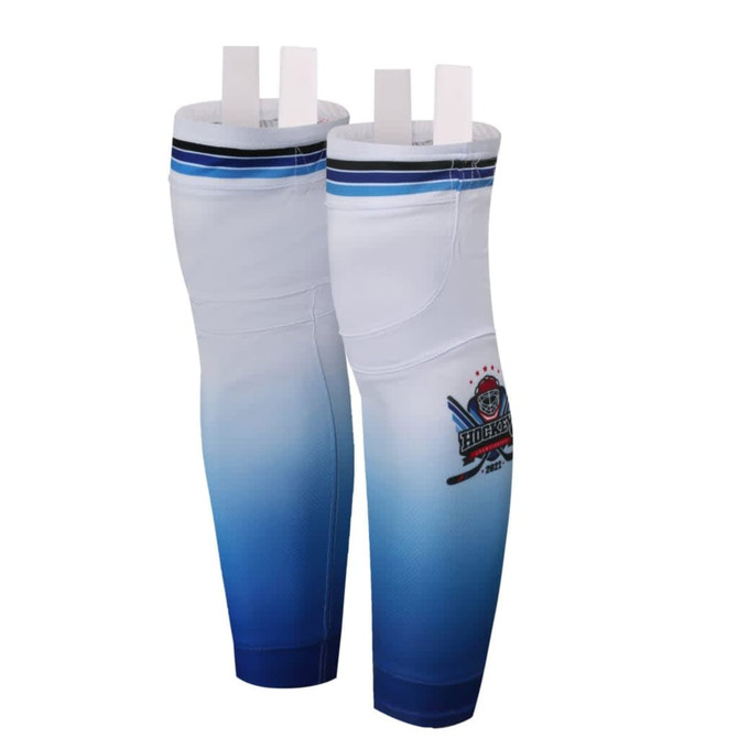 Ice hockey socks in white and blue gradient, featuring a logo on the front and straps at the top.