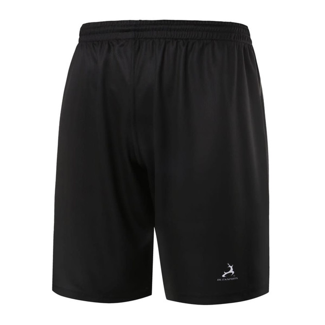 Black basketball shorts with an elastic waistband and a branding logo on the lower right side.