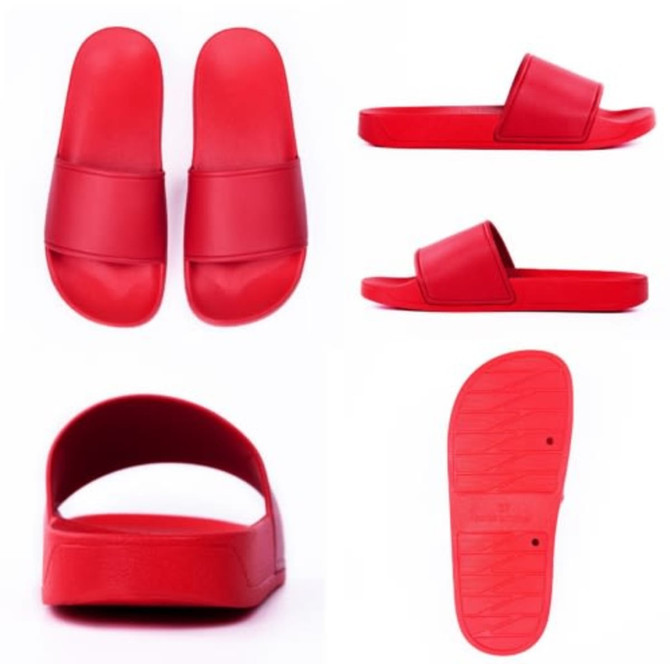 A pair of red slippers displayed from multiple angles, including the top, side, and bottom views.