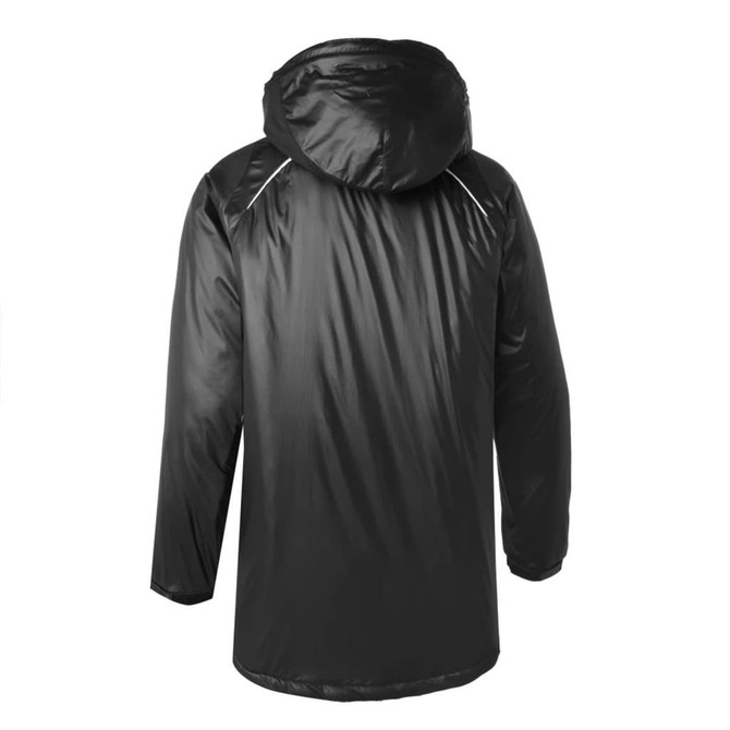 A black coat jacket with a hood, featuring a sleek, shiny finish and reflective detailing on the back.