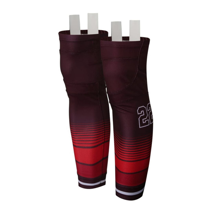 Ice hockey socks in maroon and red with a gradient design and a logo. Features two tabs at the top.