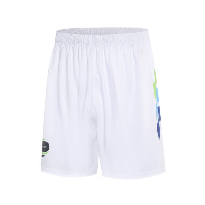 A pair of white tennis uniform shorts featuring a logo and colourful geometric design on the side.