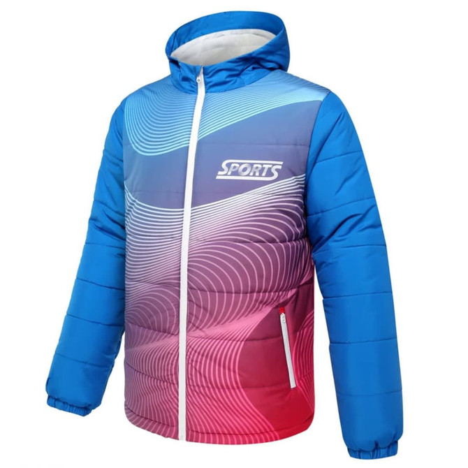 A puffer long coat in blue and pink with a wave pattern and a hood, featuring a logo on the front.