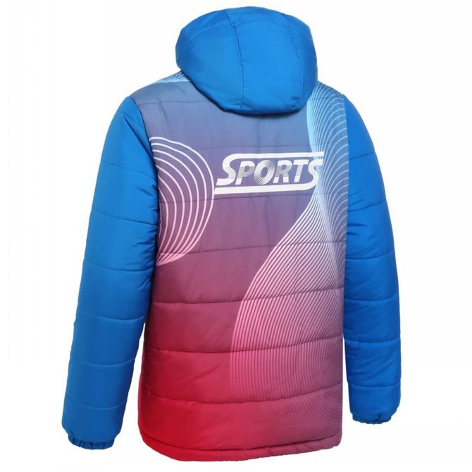A puffer long coat in blue with a gradient design transitioning to red, featuring a logo on the back.