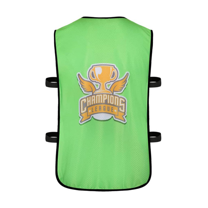 A green sports bib featuring a large logo with a trophy and wings, secured with adjustable straps on the sides.