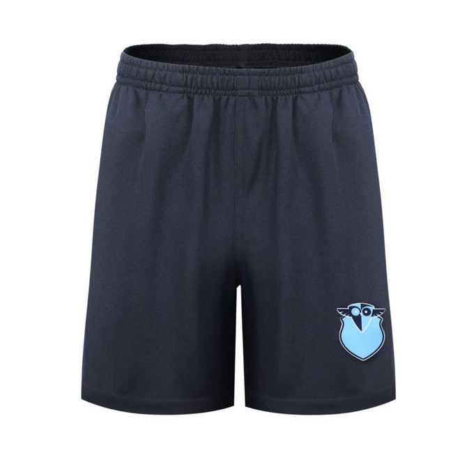 Blue and black shorts featuring an emblem on the side. The fabric appears lightweight and comfortable.