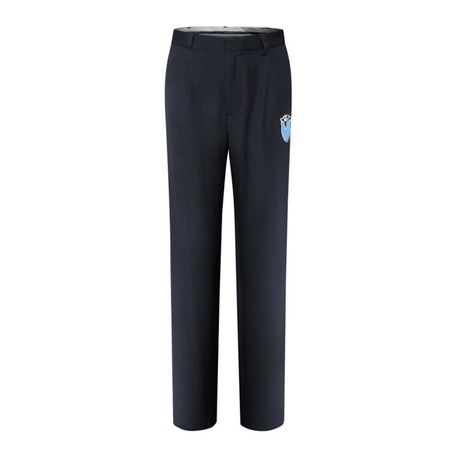 Navy blue suit pants with a logo on the side. Tailored design for formal or school settings.
