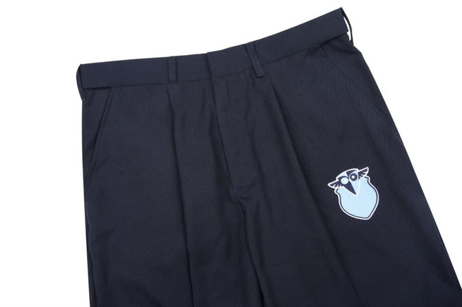 Black suit pants featuring a logo on the front, with a pleated design and a tailored fit.