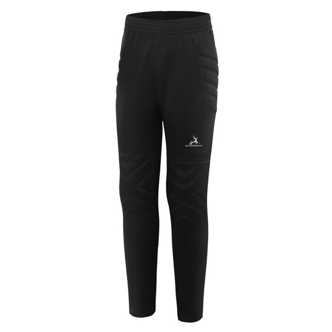 Black soccer goalkeeper pants with padded features and an accompanying logo.
