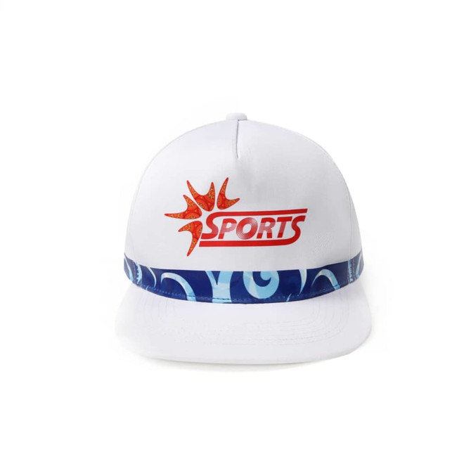 A white cap with a colourful patterned band, featuring a logo on the front.