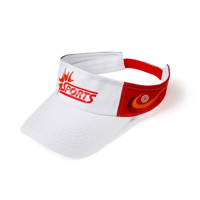 A white visor with red accents and an emblem, featuring a logo on the front.