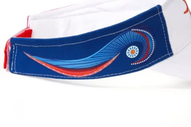 A white and blue sublimation visor featuring a decorative blue swirl and red accents, with a logo on the side.