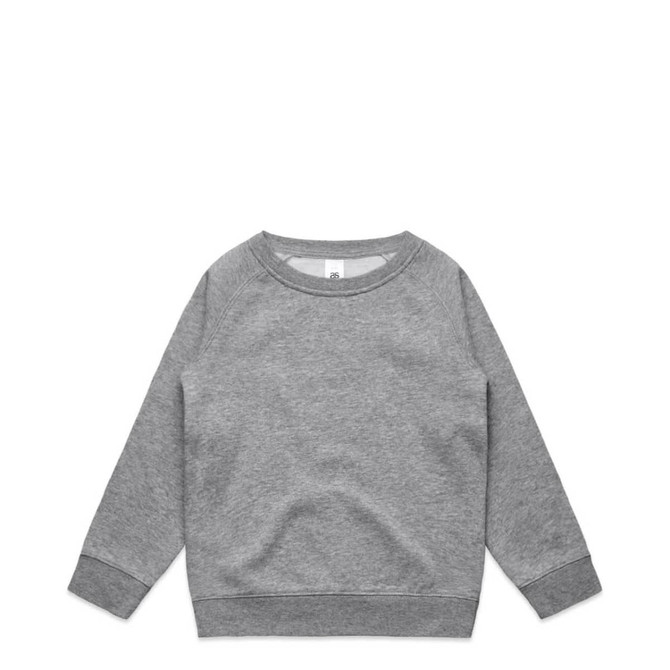 A grey sweater featuring a round neckline and long sleeves, with a logo present on the fabric.