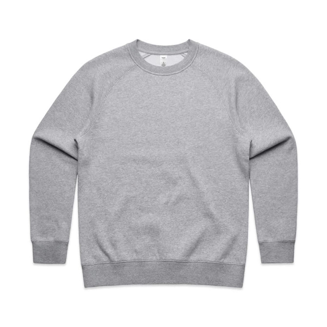 A grey crew jumper with ribbed cuffs and hem, featuring a simple design and a logo on the tag.