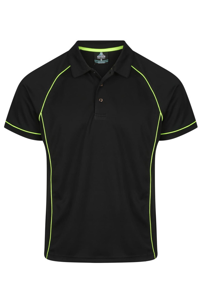 A black polo shirt with lime green piping and a logo on the chest area.