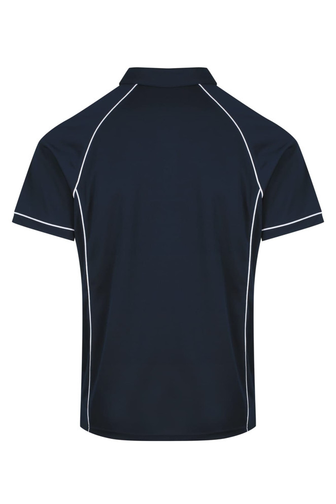 A navy polo shirt with white piping details, featuring a collar and short sleeves. It has a logo on the front.