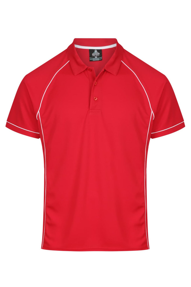 A vibrant red polo shirt with white piping and a collar, featuring a logo on the upper portion.