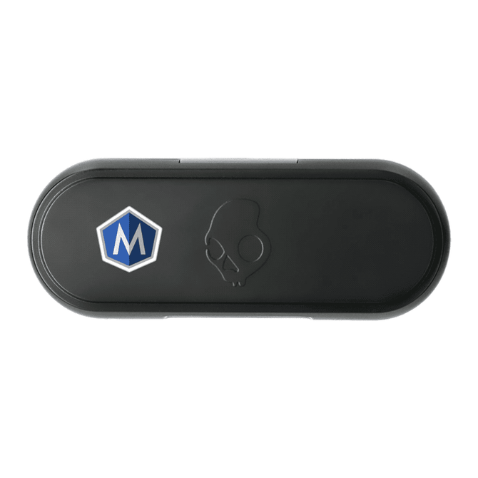 A black charging case for Skullcandy Jib True 2 earbuds featuring a logo.